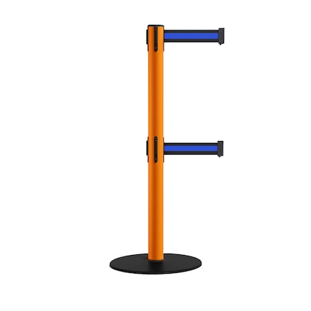 Montour Line Retractable Dbl Belt 2.5" Orange Post , Low Base, 9' Bk/Bl Belt S400D-OR-BBH-90